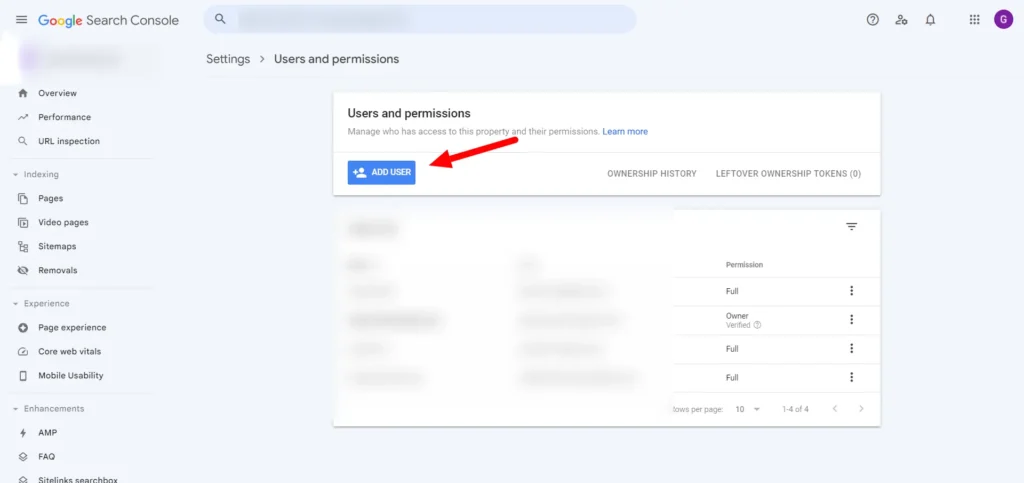 click add user in google search console