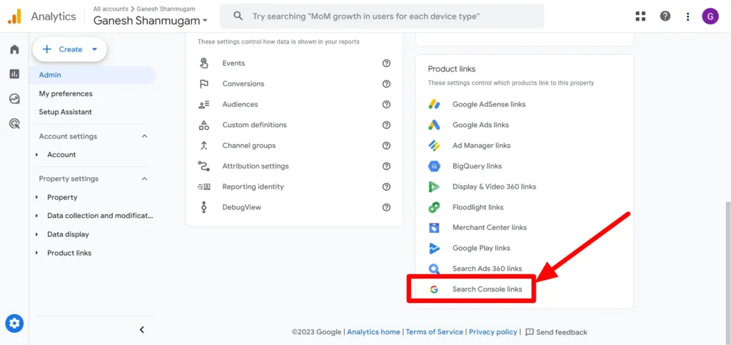 click on the search console links under product links