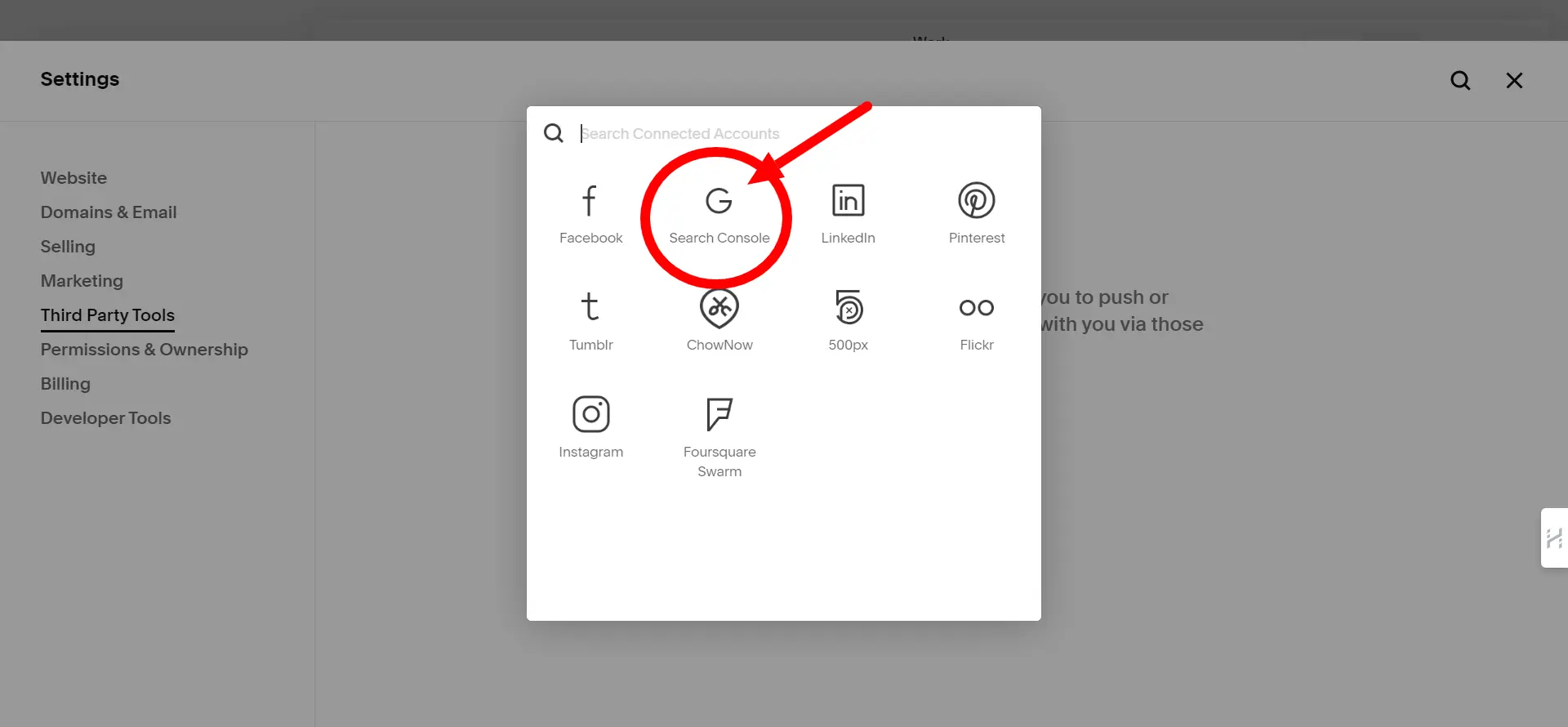 Select the Google Search Console Icon to connect the squarespace website with Google Search Console