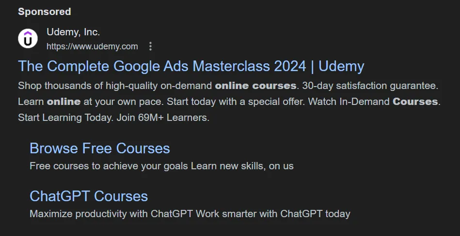 Google Ads Example from Top Online Coaches & Course Creators - udemy