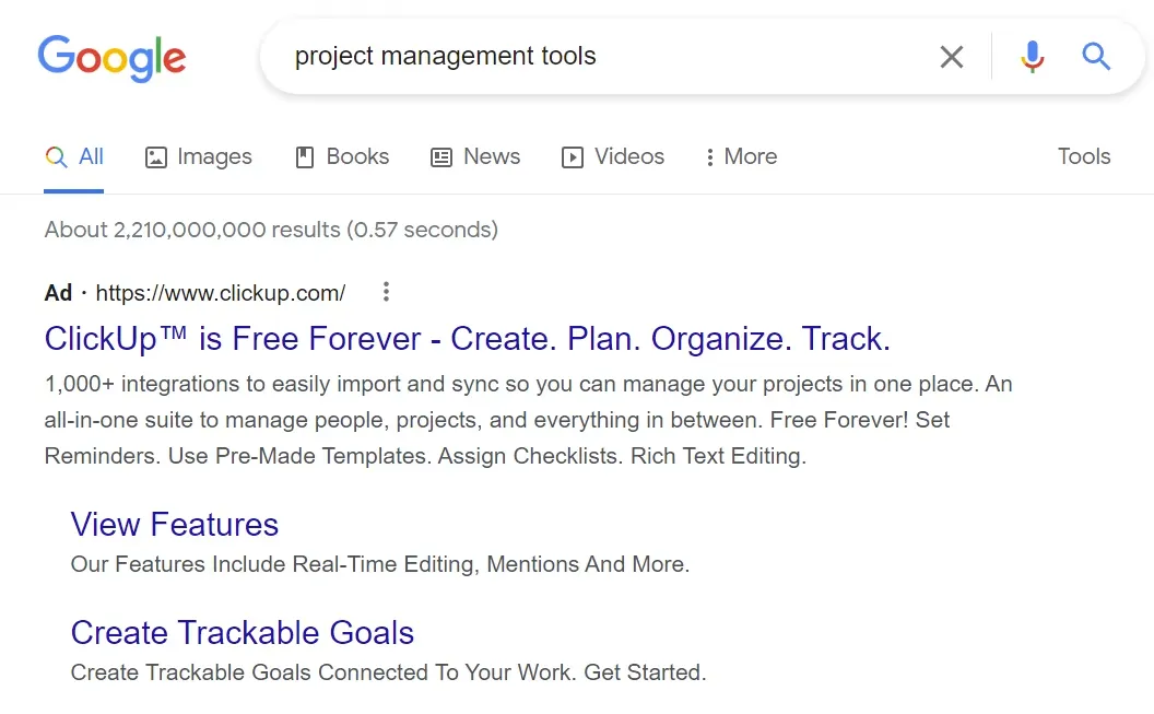 Google search ads example - clickup