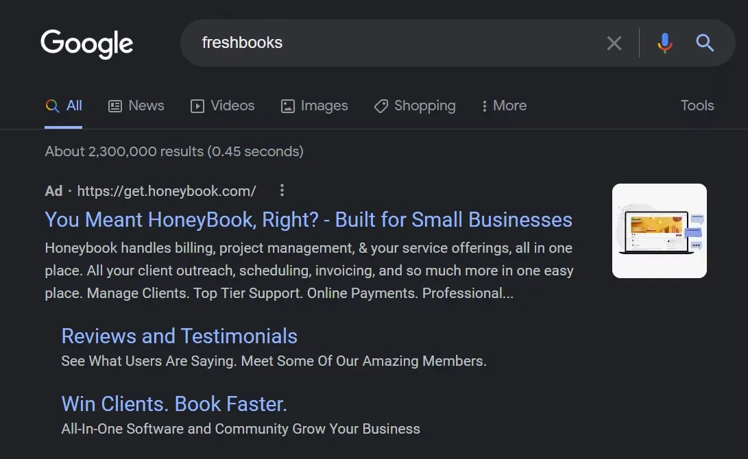 Google search ads example - honeybook