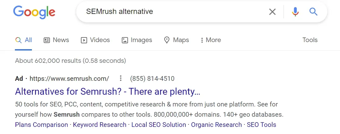 Google search ads example - semrush