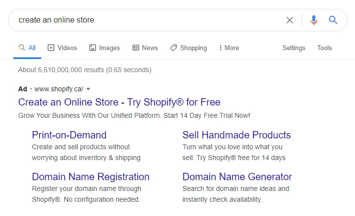 Google search ads example - shopify