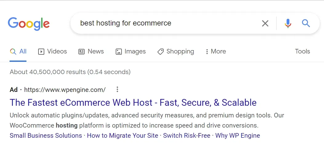 Google search ads example - wpengine